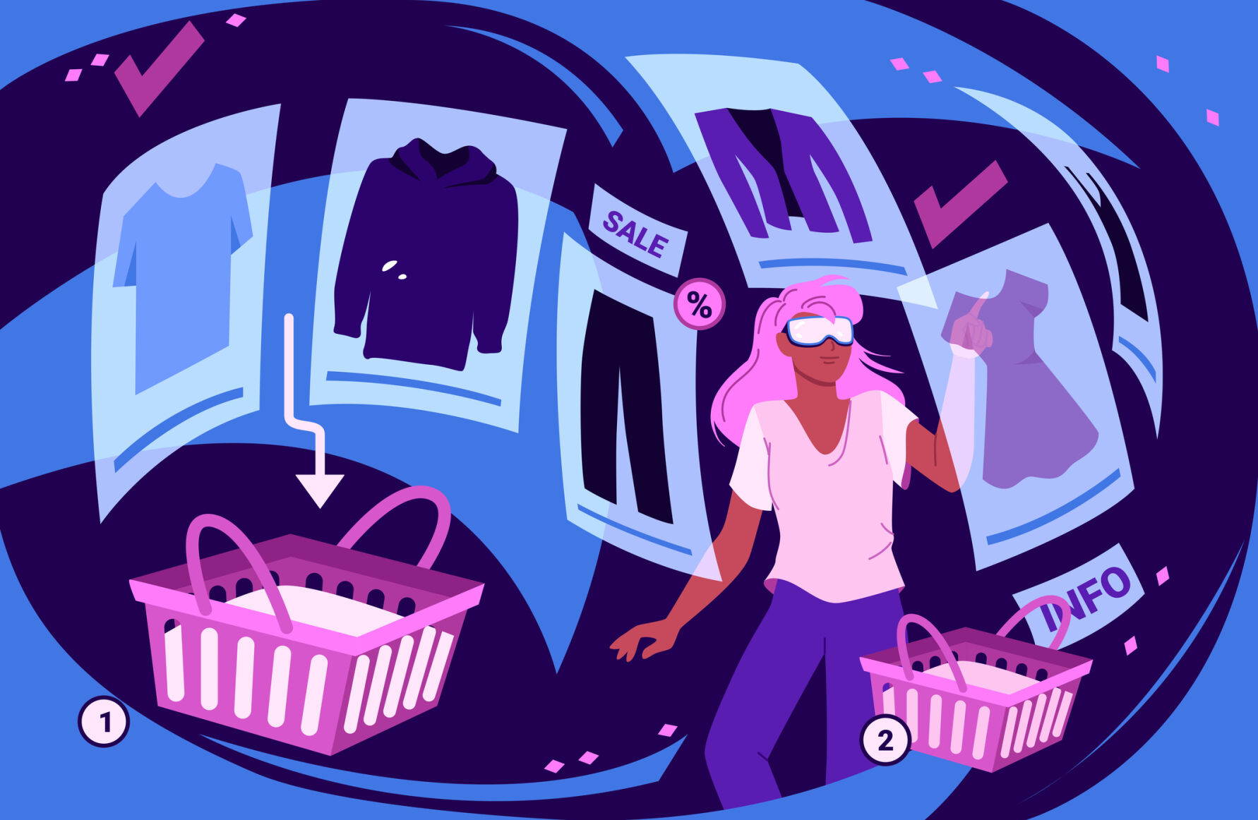 Meta Platforms Is the new marketing agency you didn’t know you needed | Business 2 Cartoon girls in VR headsets choosing fashion clothes among holograms to buy online